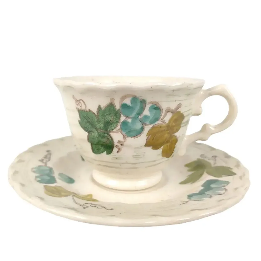 Vtg Metlox Vernonware VINEYARD Divided Jelly Dish Cup & Saucer Set Grapes Leaves